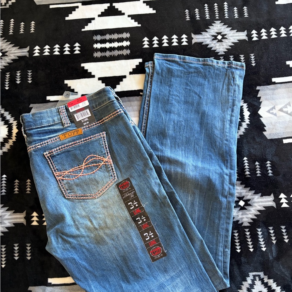 Cowgirl Tuff Boot Cut Jeans in Medium Blue with Contrast Stitching